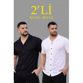 Erkek Waffle Kumaş Açık Yakalı Düğmeli Regular Fit Gömlek 2’li Set Siyah-Beyaz