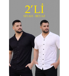 Erkek Waffle Kumaş Açık Yakalı Düğmeli Regular Fit Gömlek 2’li Set Siyah-Beyaz
