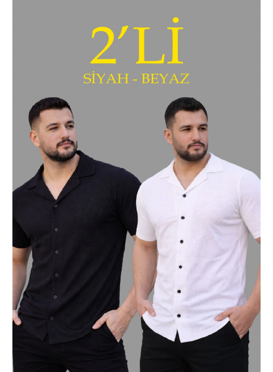 Erkek Waffle Kumaş Açık Yakalı Düğmeli Regular Fit Gömlek 2’li Set Siyah-Beyaz Erkek Waffle Kumaş Açık Yakalı Düğmeli Regular Fit Gömlek 2’li Set Siyah-Beyaz