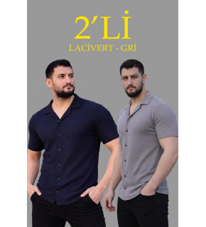 Erkek Waffle Kumaş Açık Yakalı Düğmeli Regular Fit Gömlek 2’li Set Lacivert-Gri