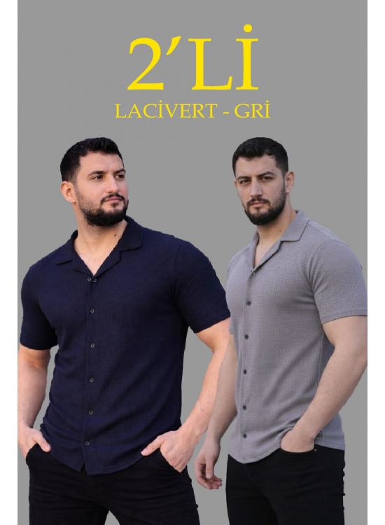 Erkek Waffle Kumaş Açık Yakalı Düğmeli Regular Fit Gömlek 2’li Set Lacivert-Gri Erkek Waffle Kumaş Açık Yakalı Düğmeli Regular Fit Gömlek 2’li Set Lacivert-Gri