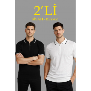 Erkek Triko Tişört Fermuarlı Polo Yaka Yazlık Kısa Kol T-Shirt 2’li Set Beyaz-Siyah