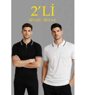 Erkek Triko Tişört Fermuarlı Polo Yaka Yazlık Kısa Kol T-Shirt 2’li Set Beyaz-Siyah