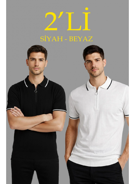 Erkek Triko Tişört Fermuarlı Polo Yaka Yazlık Kısa Kol T-Shirt 2’li Set Beyaz-Siyah Erkek Triko Tişört Fermuarlı Polo Yaka Yazlık Kısa Kol T-Shirt 2’li Set Beyaz-Siyah