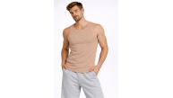 Erkek Fitilli Atlet Sıfır Yaka Slim Fit Arka Baskılı Spor Atlet - Bej
