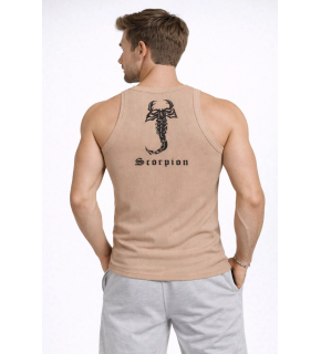 Erkek Fitilli Atlet Sıfır Yaka Slim Fit Arka Baskılı Spor Atlet - Bej