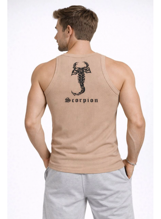 Erkek Fitilli Atlet Sıfır Yaka Slim Fit Arka Baskılı Spor Atlet - Bej