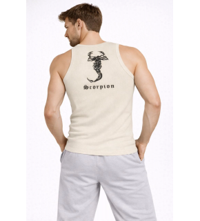 Erkek Fitilli Atlet Sıfır Yaka Slim Fit Arka Baskılı Spor Atlet - Krem