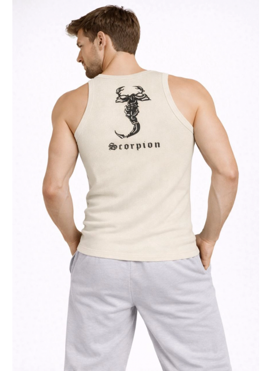 Erkek Fitilli Atlet Sıfır Yaka Slim Fit Arka Baskılı Spor Atlet - Krem