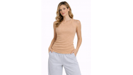 Kadın Fitilli Atlet Sıfır Yaka Slim Fit Arka Baskılı Spor Atlet - Bej Kadın Fitilli Atlet Sıfır Yaka Slim Fit Arka Baskılı Spor Atlet - Bej