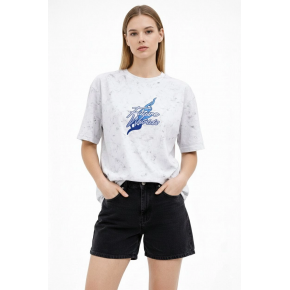 Kadın Asit Yıkamalı Oversize Tişört Bisiklet Yaka Kısa Kol T-shirt - Beyaz