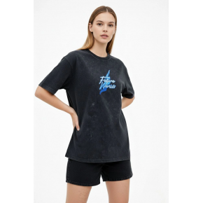 Kadın Asit Yıkamalı Oversize Tişört Bisiklet Yaka Kısa Kol T-shirt - Siyah