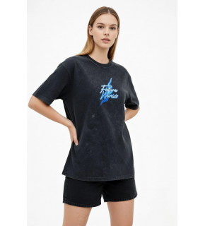 Kadın Asit Yıkamalı Oversize Tişört Bisiklet Yaka Kısa Kol T-shirt - Siyah