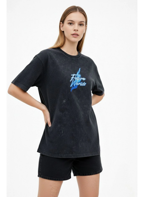 Kadın Asit Yıkamalı Oversize Tişört Bisiklet Yaka Kısa Kol T-shirt - Siyah Kadın Asit Yıkamalı Oversize Tişört Bisiklet Yaka Kısa Kol T-shirt - Siyah