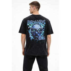 Erkek Asit Yıkamalı Oversize Tişört Bisiklet Yaka Kısa Kol T-shirt - Siyah