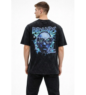 Erkek Asit Yıkamalı Oversize Tişört Bisiklet Yaka Kısa Kol T-shirt - Siyah