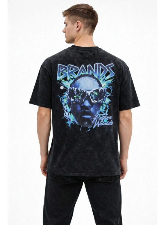 Erkek Asit Yıkamalı Oversize Tişört Bisiklet Yaka Kısa Kol T-shirt - Siyah Erkek Asit Yıkamalı Oversize Tişört Bisiklet Yaka Kısa Kol T-shirt - Siyah