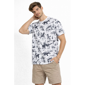 Erkek Dinozor Dijıtal ön ve arka Baskılı Tişört Bisiklet Yaka T-Shirt - Beyaz