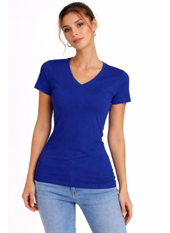 Kadın T-Shirt V Yaka Slim Fit Likralı Tişört Yazlık Basic Body - İndigo Kadın T-Shirt V Yaka Slim Fit Likralı Tişört Yazlık Basic Body - İndigo