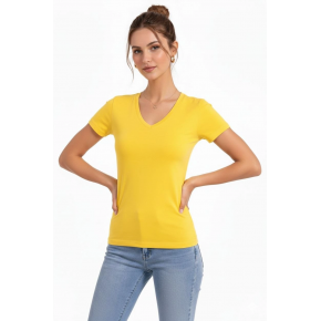 Kadın T-Shirt V Yaka Slim Fit Likralı Tişört Yazlık Basic Body - Sarı