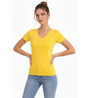 Kadın T-Shirt V Yaka Slim Fit Likralı Tişört Yazlık Basic Body - Sarı