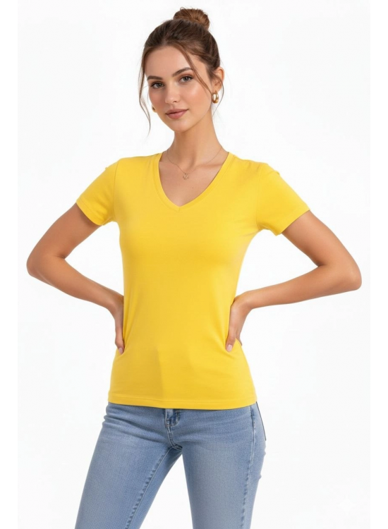 Kadın T-Shirt V Yaka Slim Fit Likralı Tişört Yazlık Basic Body - Sarı Kadın T-Shirt V Yaka Slim Fit Likralı Tişört Yazlık Basic Body - Sarı