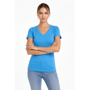 Kadın T-Shirt V Yaka Slim Fit Likralı Tişört Yazlık Basic Body - Açık Mavi