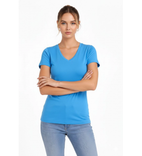 Kadın T-Shirt V Yaka Slim Fit Likralı Tişört Yazlık Basic Body - Açık Mavi