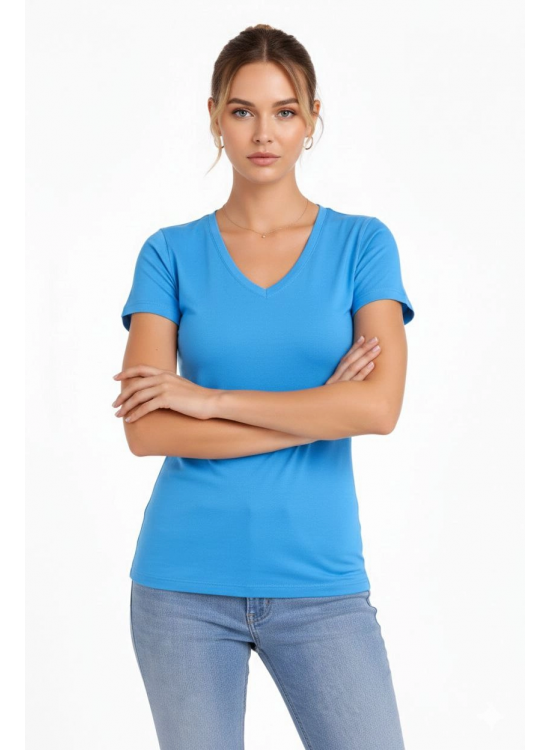 Kadın T-Shirt V Yaka Slim Fit Likralı Tişört Yazlık Basic Body - Açık Mavi Kadın T-Shirt V Yaka Slim Fit Likralı Tişört Yazlık Basic Body - Açık Mavi
