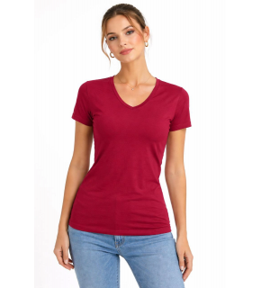 Kadın T-Shirt V Yaka Slim Fit Likralı Tişört Yazlık Basic Body - Kırmızı