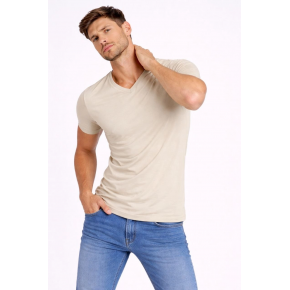 Erkek Body T-shirt V Yaka Slim Fit Likralı Kısa kol Tişört - Taş