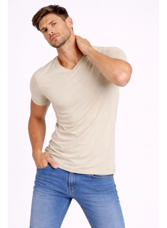 Erkek Body T-shirt V Yaka Slim Fit Likralı Kısa kol Tişört - Taş