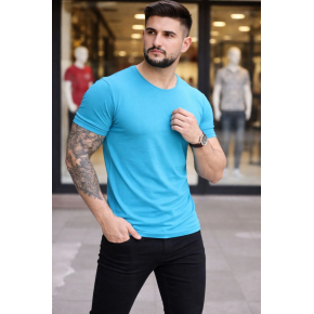 Erkek Body Tişört Bisiklet Yaka Slim Fit Likralı T-Shirt - Açık Mavi