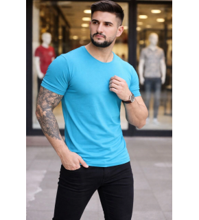 Erkek Body Tişört Bisiklet Yaka Slim Fit Likralı T-Shirt - Açık Mavi