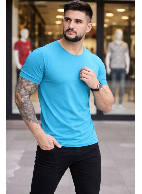 Erkek Body Tişört Bisiklet Yaka Slim Fit Likralı T-Shirt - Açık Mavi Erkek Body Tişört Bisiklet Yaka Slim Fit Likralı T-Shirt - Açık Mavi
