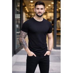 Erkek Body Tişört Bisiklet Yaka Slim Fit Likralı T-Shirt - Siyah