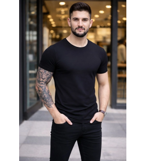 Erkek Body Tişört Bisiklet Yaka Slim Fit Likralı T-Shirt - Siyah