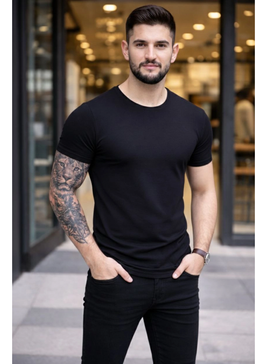Erkek Body Tişört Bisiklet Yaka Slim Fit Likralı T-Shirt - Siyah Erkek Body Tişört Bisiklet Yaka Slim Fit Likralı T-Shirt - Siyah