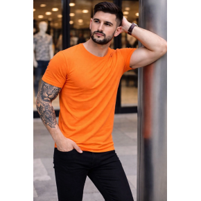 Erkek Body Tişört Bisiklet Yaka Slim Fit Likralı T-Shirt - Turuncu