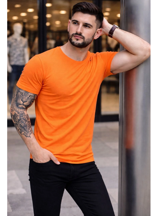 Erkek Body Tişört Bisiklet Yaka Slim Fit Likralı T-Shirt - Turuncu Erkek Body Tişört Bisiklet Yaka Slim Fit Likralı T-Shirt - Turuncu