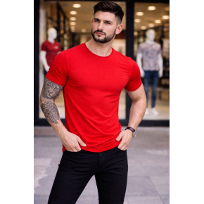 Erkek Body Tişört Bisiklet Yaka Slim Fit Likralı T-Shirt - Kırmızı