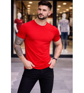 Erkek Body Tişört Bisiklet Yaka Slim Fit Likralı T-Shirt - Kırmızı