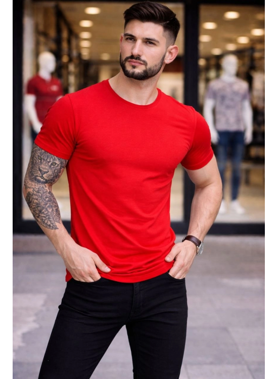 Erkek Body Tişört Bisiklet Yaka Slim Fit Likralı T-Shirt - Kırmızı Erkek Body Tişört Bisiklet Yaka Slim Fit Likralı T-Shirt - Kırmızı