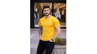 Erkek Body Tişört Bisiklet Yaka Slim Fit Likralı T-Shirt - Sarı