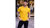 Erkek Body Tişört Bisiklet Yaka Slim Fit Likralı T-Shirt - Sarı