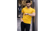 Erkek Body Tişört Bisiklet Yaka Slim Fit Likralı T-Shirt - Sarı