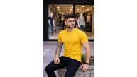 Erkek Body Tişört Bisiklet Yaka Slim Fit Likralı T-Shirt - Sarı
