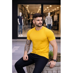 Erkek Body Tişört Bisiklet Yaka Slim Fit Likralı T-Shirt - Sarı