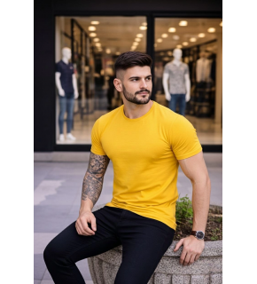Erkek Body Tişört Bisiklet Yaka Slim Fit Likralı T-Shirt - Sarı