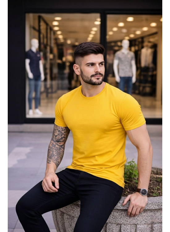 Erkek Body Tişört Bisiklet Yaka Slim Fit Likralı T-Shirt - Sarı